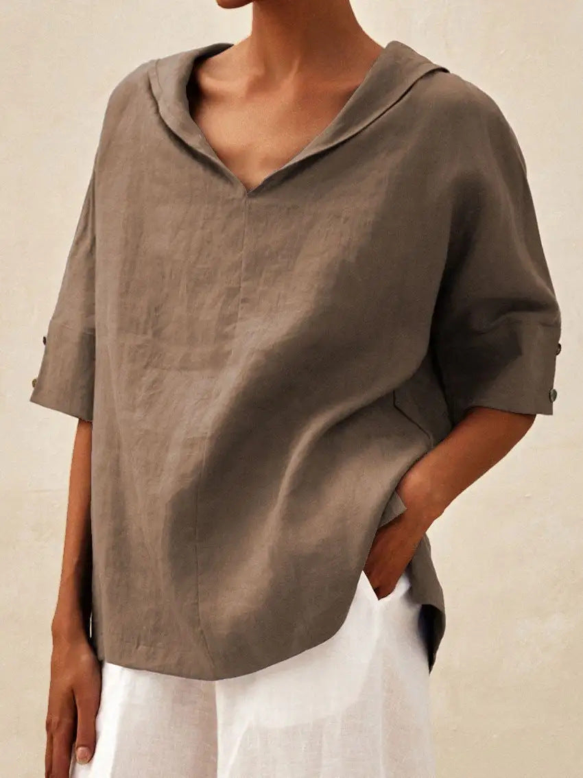 Istralle | Classic Linen V-Neck Blouse with Relaxed Silhouette - Image 4