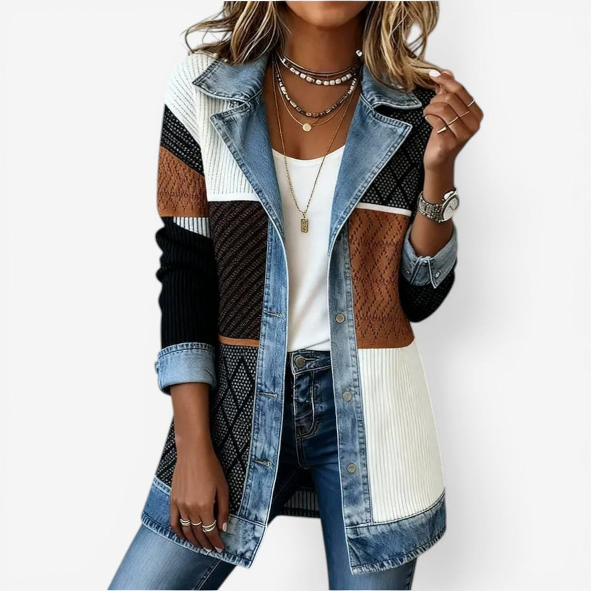 Women's Layered Collar Button Jacket, Zip-Up - view 3