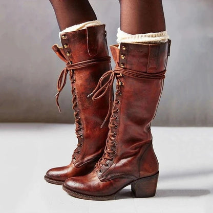 Ravelle | Knee-High Boots Lace-Up Front Block Heel Long Shaft