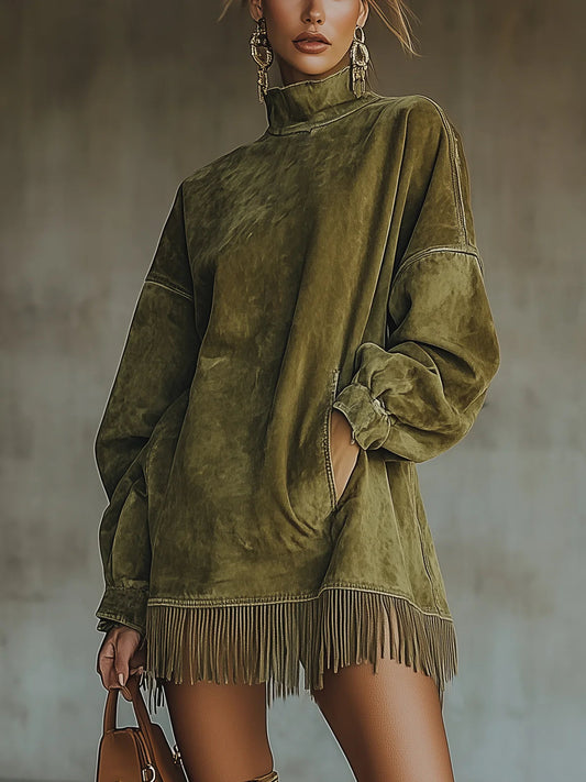 Lorven green boho faux suede fringe dress