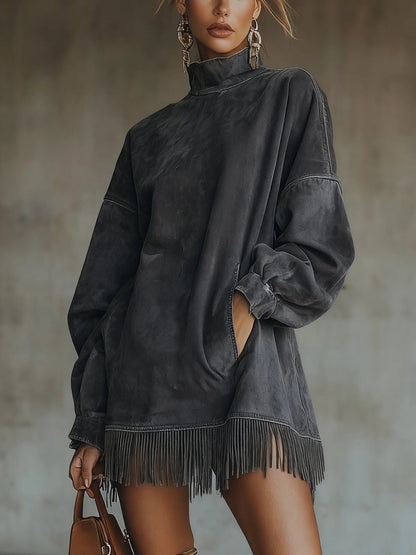 Lorven dark grey boho faux suede fringe dress