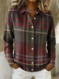 Women's Plaid Knit Cardigan with Collar, Button Front Check Cardigan