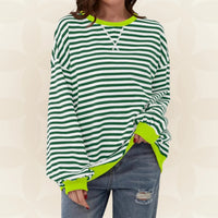 Women's Striped Crew Neck Sweatshirt with Contrast Trim, Oversized Fit