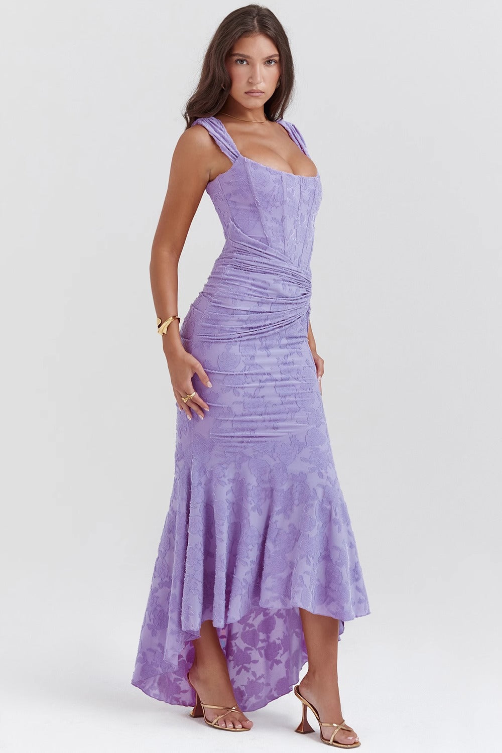 Delvaine | Lace-texture corset bodice maxi dress