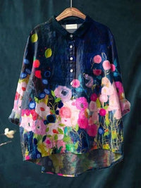 Women's Floral Print Linen Shirt, Relaxed Long Sleeve with Chest Pocket