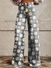 Women's Retro Print Wide Leg Jeans, High Waist Flared Denim