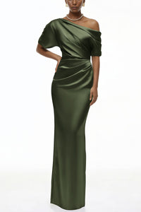 Vanessine | Maxi Dress One-Shoulder Satin Ruched Waist Rear Slit