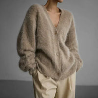Women's Cashmere Cardigan, Relaxed Fit Fluffy V Neck Knit Cardigan