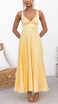 Lirenne | Midi Dress Pleated Sleeveless V-Neck Yellow