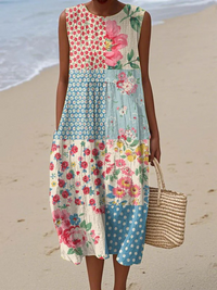 Lyrenna | Sleeveless Midi Dress Linen-Blend Loose Cut Multicolor