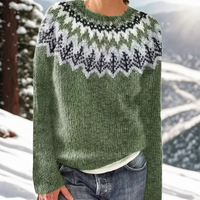 Women's Patterned Yoke Knit Jumper, Round Neck Wool Blend Sweater