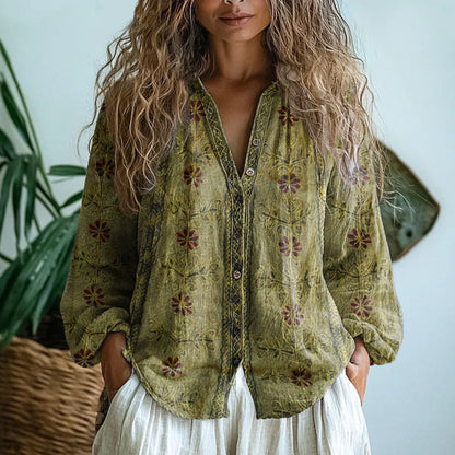 Women's Leaf Print Vintage Shirt, Button-Up - view 3