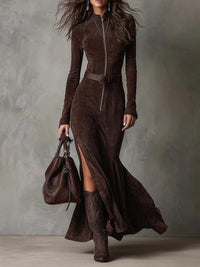 Cavrene | Boho PU suede zipper belted maxi dress