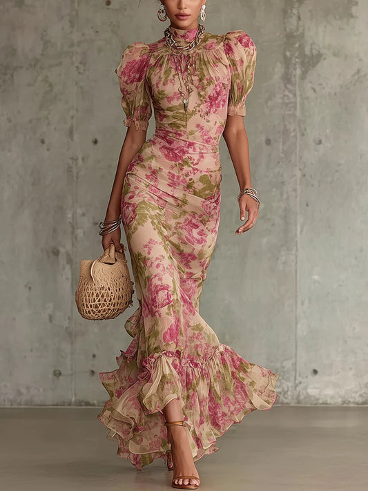 Florenne vintage rose print puff sleeve maxi dress
