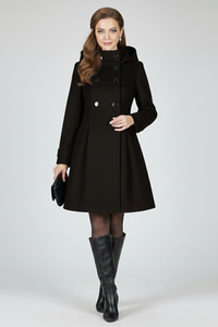 Women's Hooded Double Breasted Coat, Fit and Flare Winter Coat