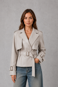 Women's Short Trench Jacket, Double Breasted Belted Cotton Jacket
