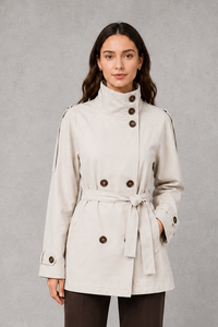 Women's Cropped Belted Coat with High Collar, Double Breasted Jacket
