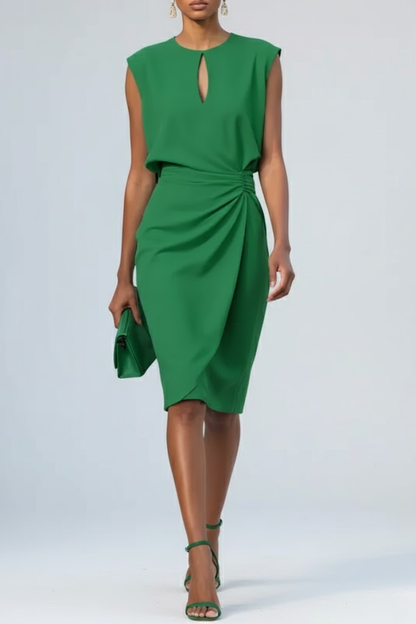 Revessa | Ruched Midi Cocktail Dress with Keyhole Neckline — Green colourway