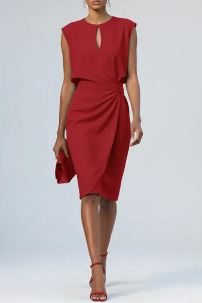 Revessa | Ruched Midi Cocktail Dress with Keyhole Neckline — Red colourway