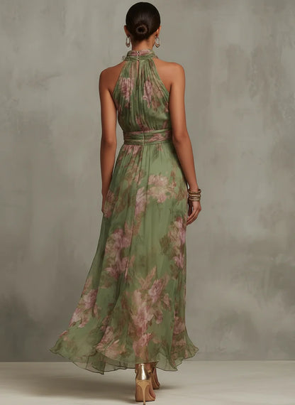 Florale | Green floral chiffon halter neck maxi dress