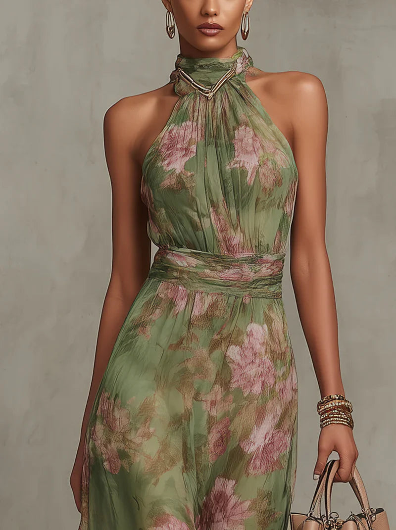 Florale | Green floral chiffon halter neck maxi dress