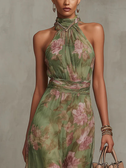 Florale | Green floral chiffon halter neck maxi dress