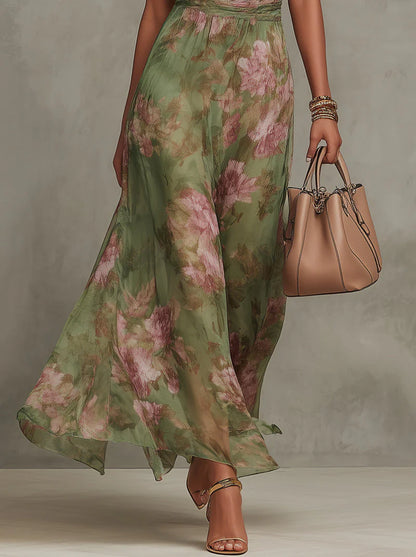 Florale | Green floral chiffon halter neck maxi dress