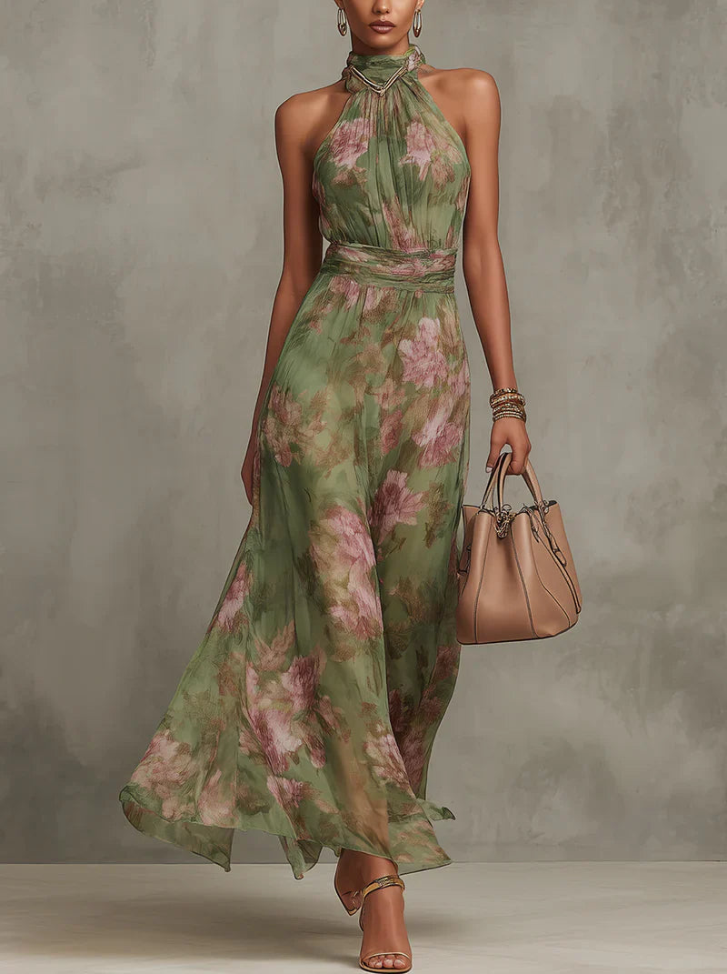 Florale | Green floral chiffon halter neck maxi dress
