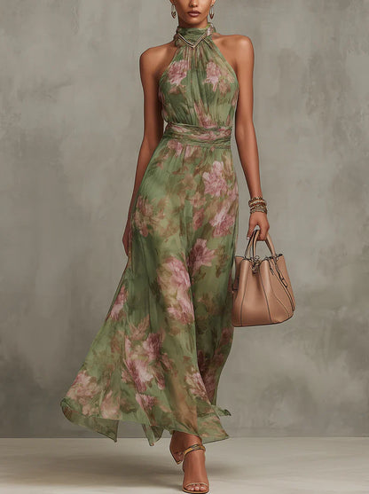 Florale | Green floral chiffon halter neck maxi dress