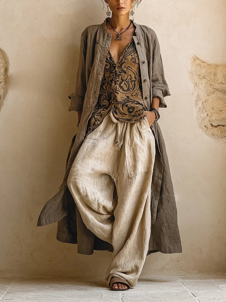 Olvaire taupe ethnic print cotton-linen 3-piece set - front