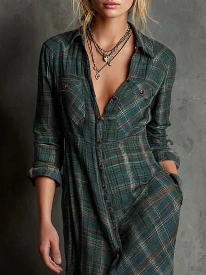 Prindel boho plaid shirt maxi dress - detail