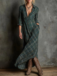 Prindel | Boho plaid lapel single-breasted shirt maxi dress