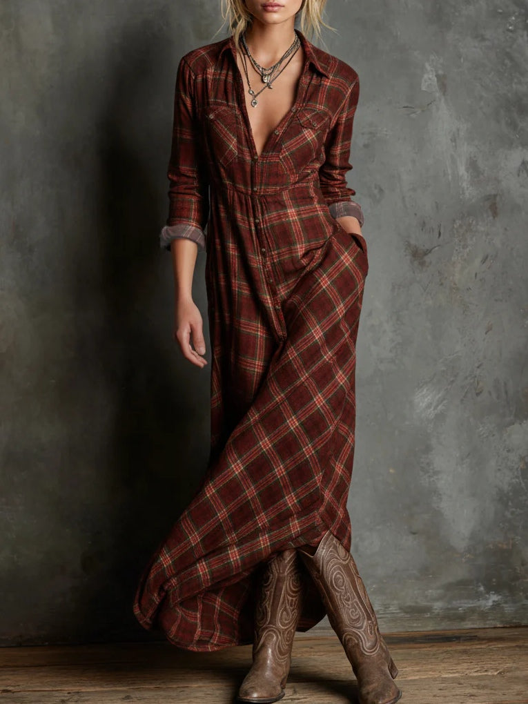 Prindel reddish brown boho plaid shirt maxi dress