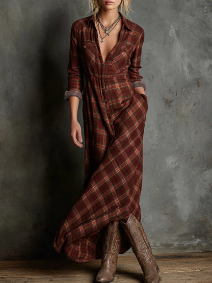 Prindel reddish brown boho plaid shirt maxi dress