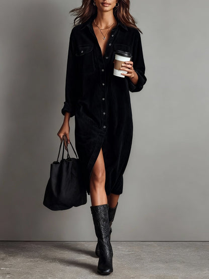 Marven black boho corduroy pocket midi dress