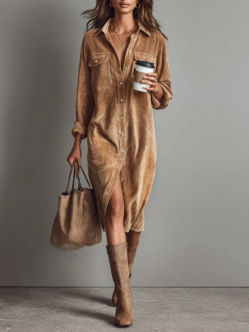 Marven brown boho corduroy pocket midi dress