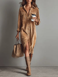 Marven | Boho corduroy pocket single-breasted midi dress