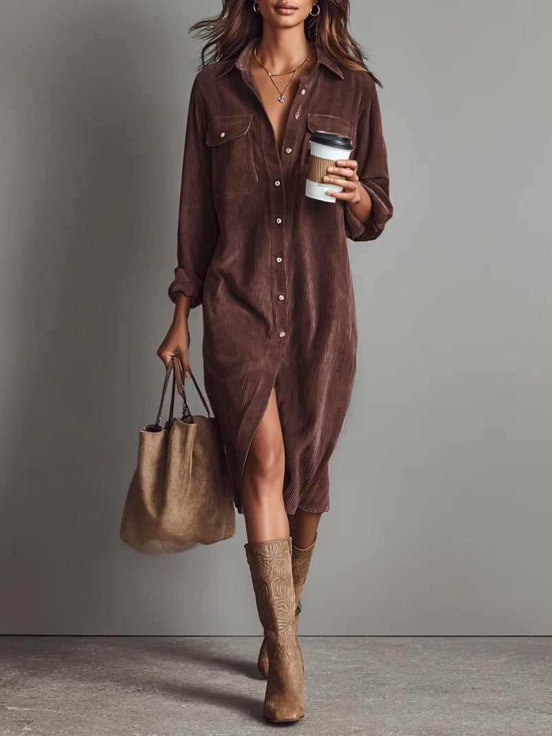 Marven brown red boho corduroy pocket midi dress
