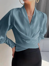 Women's Draped V Neck Wrap Blouse with Long Sleeves