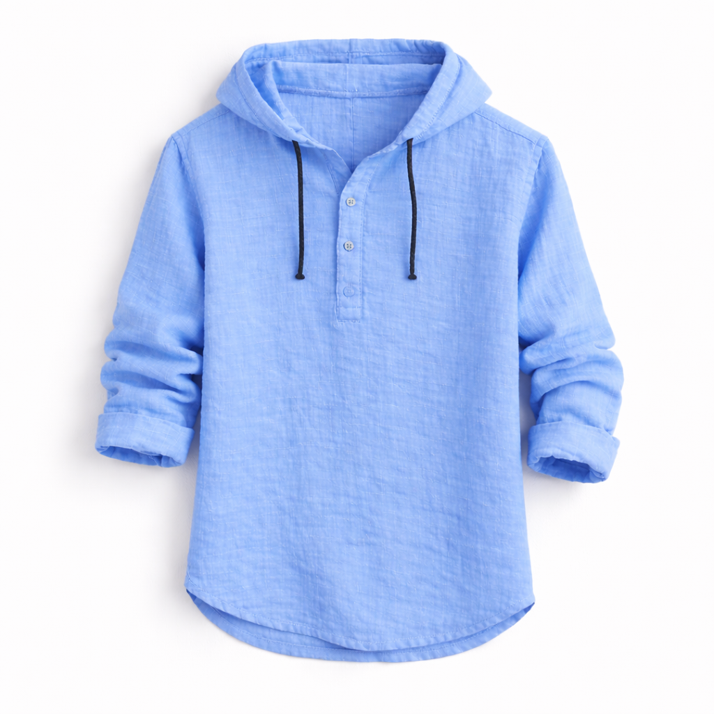 Lorven blue linen hooded shirt - front view