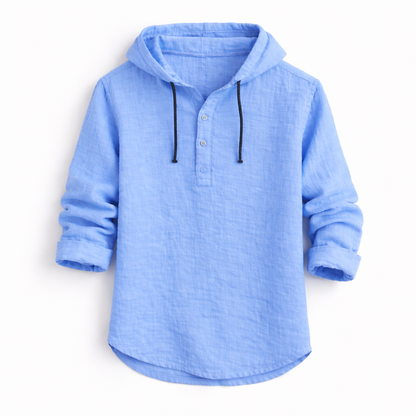 Lorven blue linen hooded shirt - front view