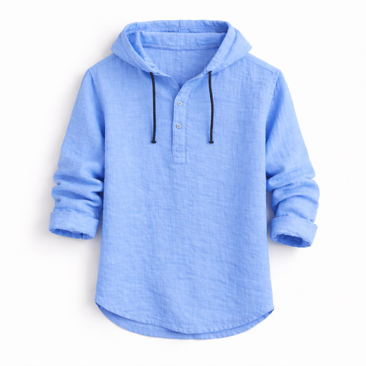 Lorven blue linen hooded shirt - front view