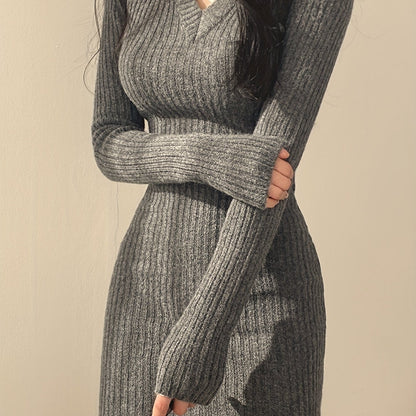 Women's Ribbed V-Neck Dress, Knitted