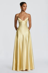 Ilvenne | Maxi Dress Satin Plunge Lace-Up Back Full Skirt