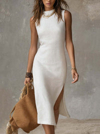 Tivena | Cotton linen stand-collar midi dress