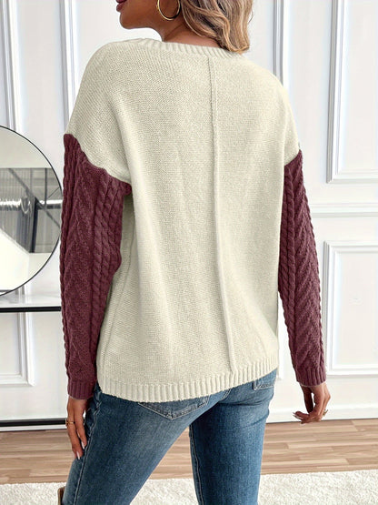 Women's Cable Two-Tone Jumper, Knitted Sweater - view 12