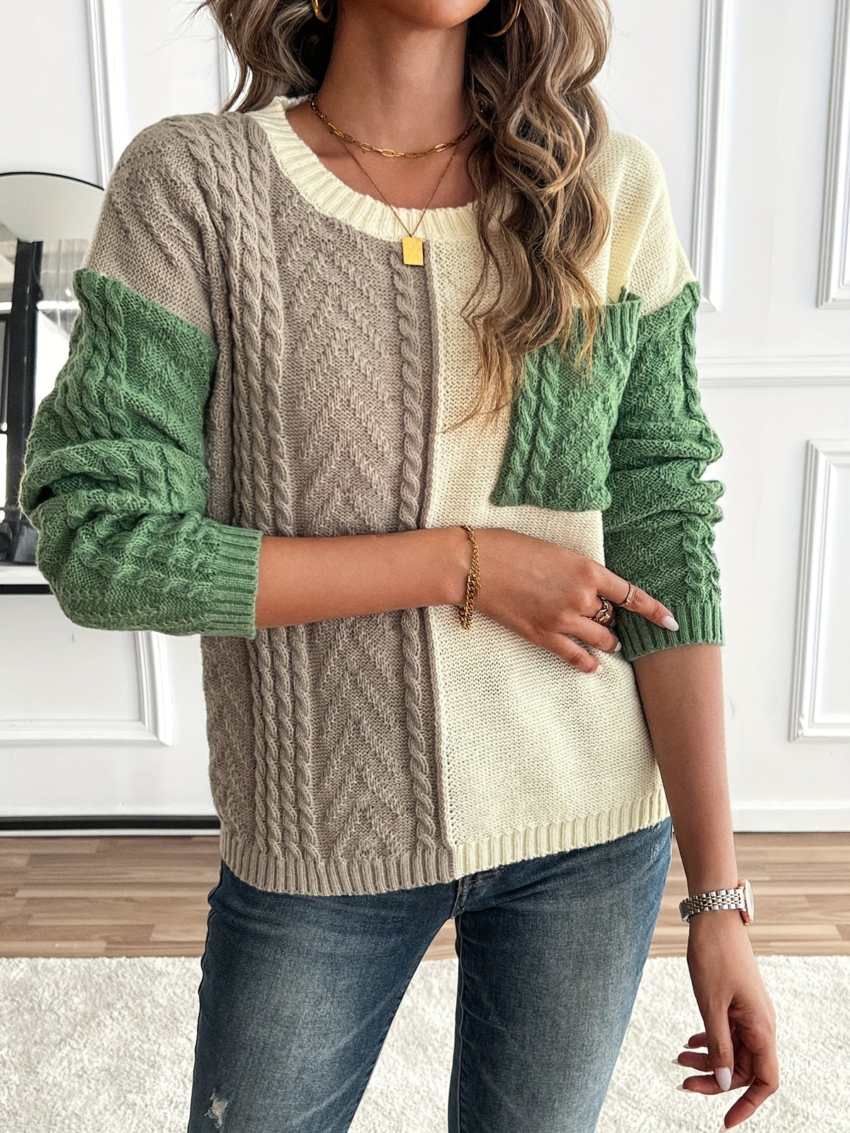 Women's Cable Two-Tone Jumper, Knitted Sweater - view 5