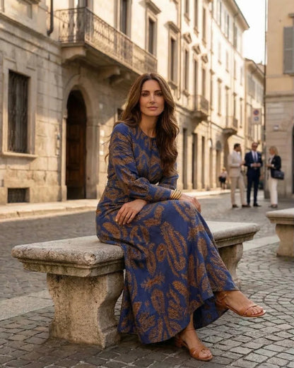 Nadia | Fluid midi dress with artistic print and waist tie