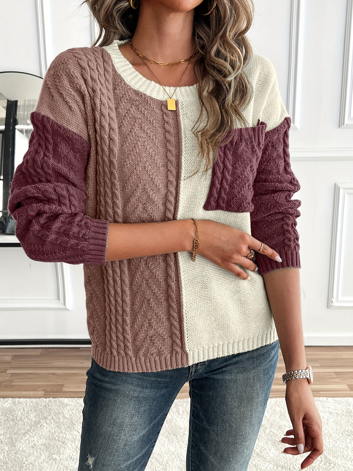 Women's Cable Two-Tone Jumper, Knitted Sweater - view 10