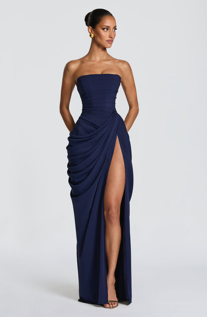 Lola Navy Blue corset maxi dress front